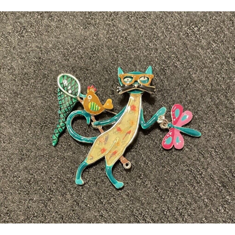 Colorful Enamel Art Metal Articulated Cat Brooch Pin with Butterfly Net